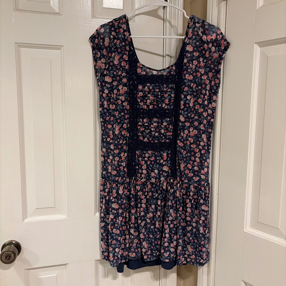 Abercrombie & Fitch Womens Floral Lace Trim Drop Waist Dress Navy Blue L Mesh